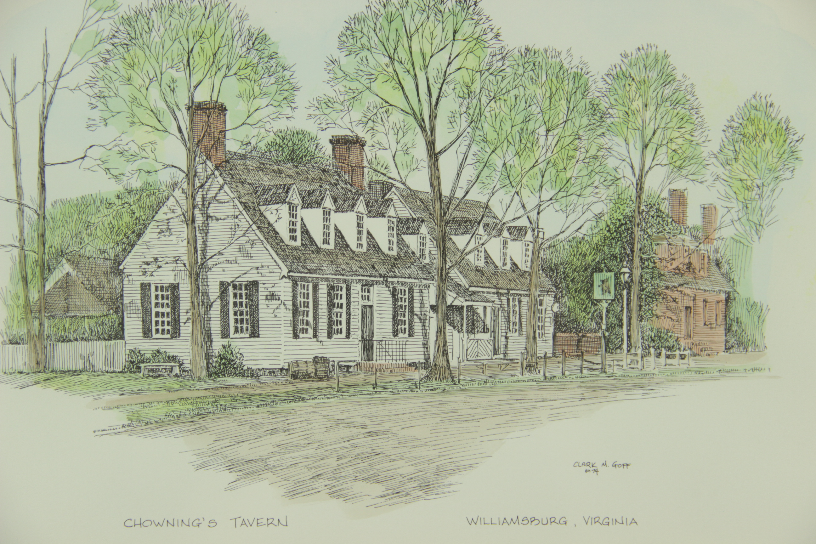 Four Clark M. Goff Lithographs of Colonial Williamsburg Taverns