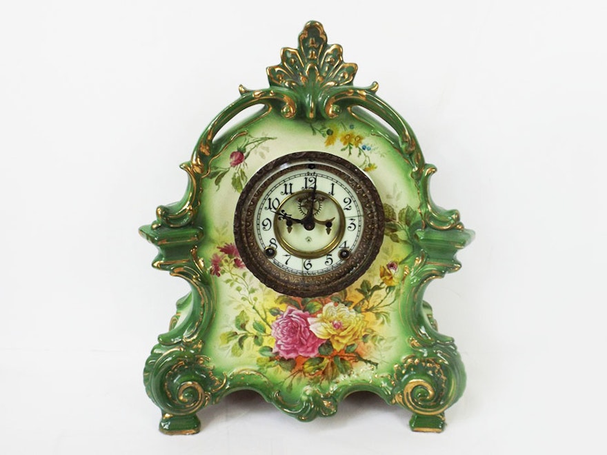 Antique Ansonia Royal Bonn Porcelain Mantel Clock