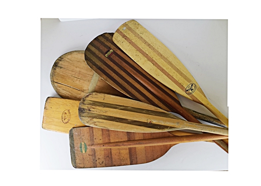 Six Vintage Wooden Canoes Paddles in Various Shapes and Sizes