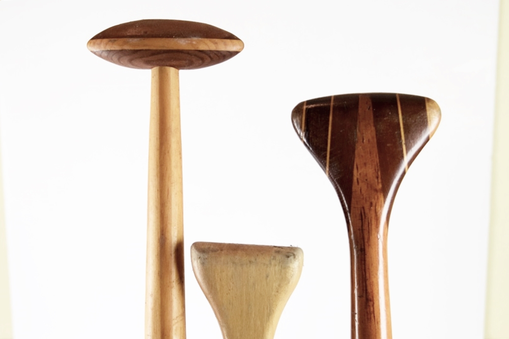 Six Vintage Wooden Canoes Paddles in Various Shapes and Sizes