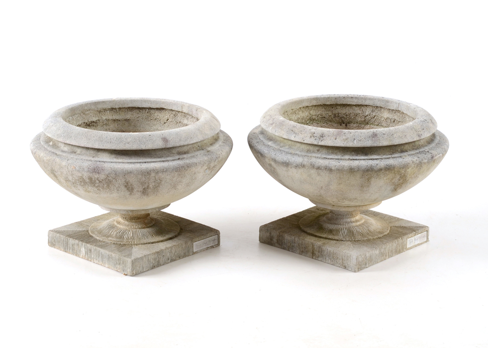 Pair of Limestone Garden Urns