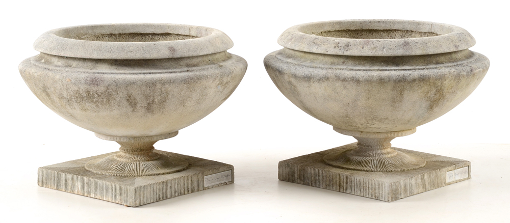 Pair of Limestone Garden Urns