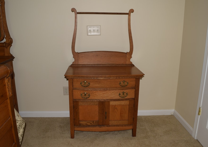 Antique Oak Washstand With Single Towel Bar
