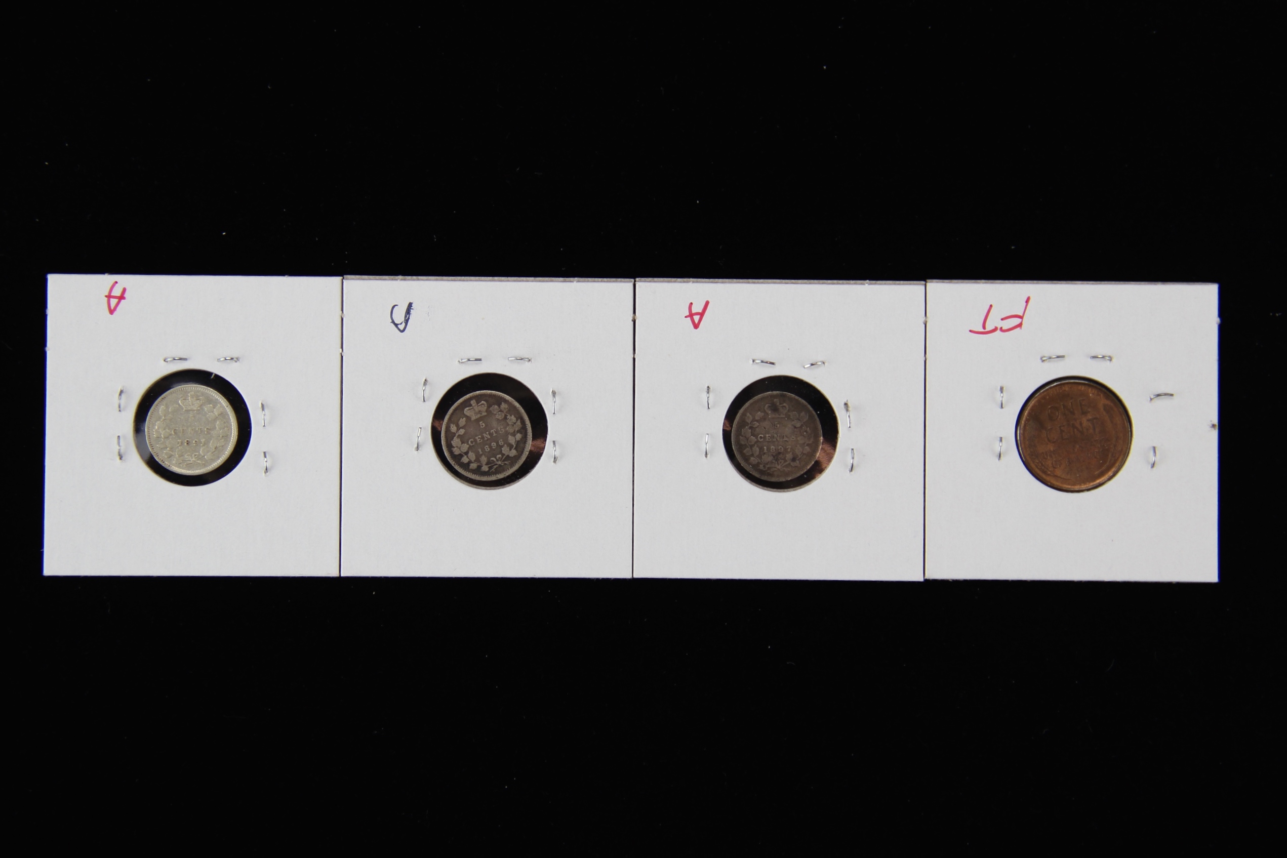 1909 VDB Wheat Penny and Three Canadian Silver Five Cent Coins