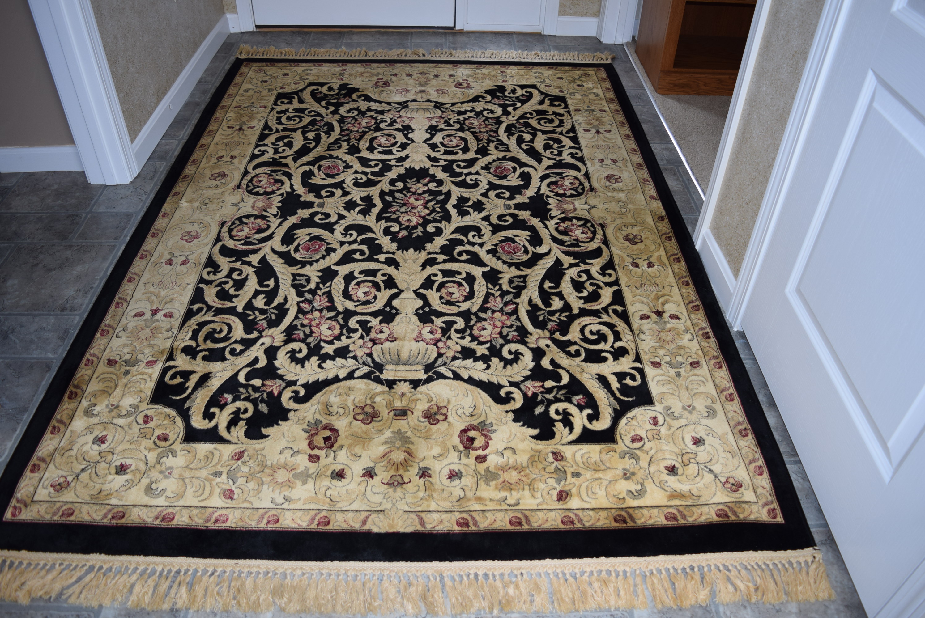 Black and Tan Viscose Area Rug Made in Belgium