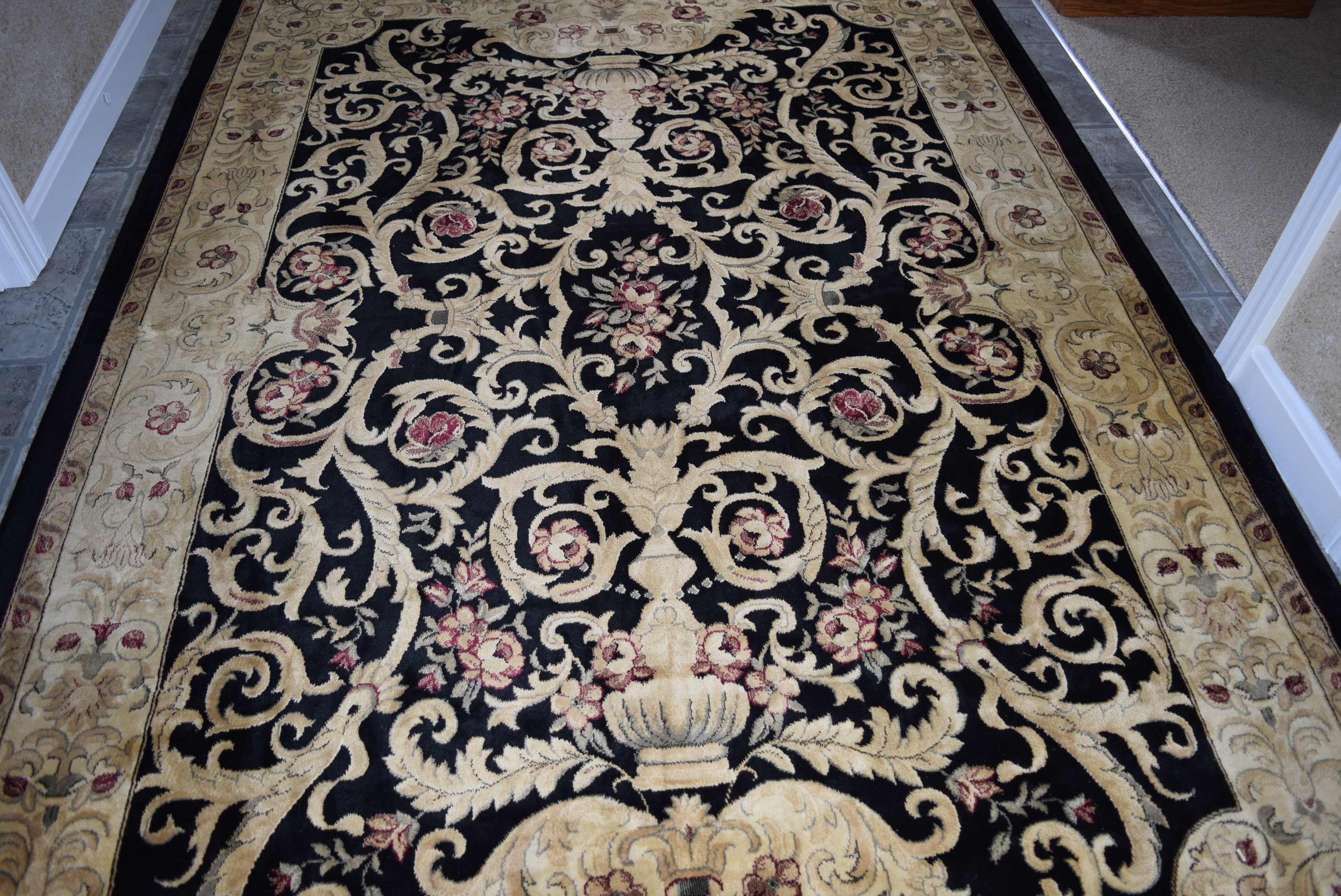 Black and Tan Viscose Area Rug Made in Belgium
