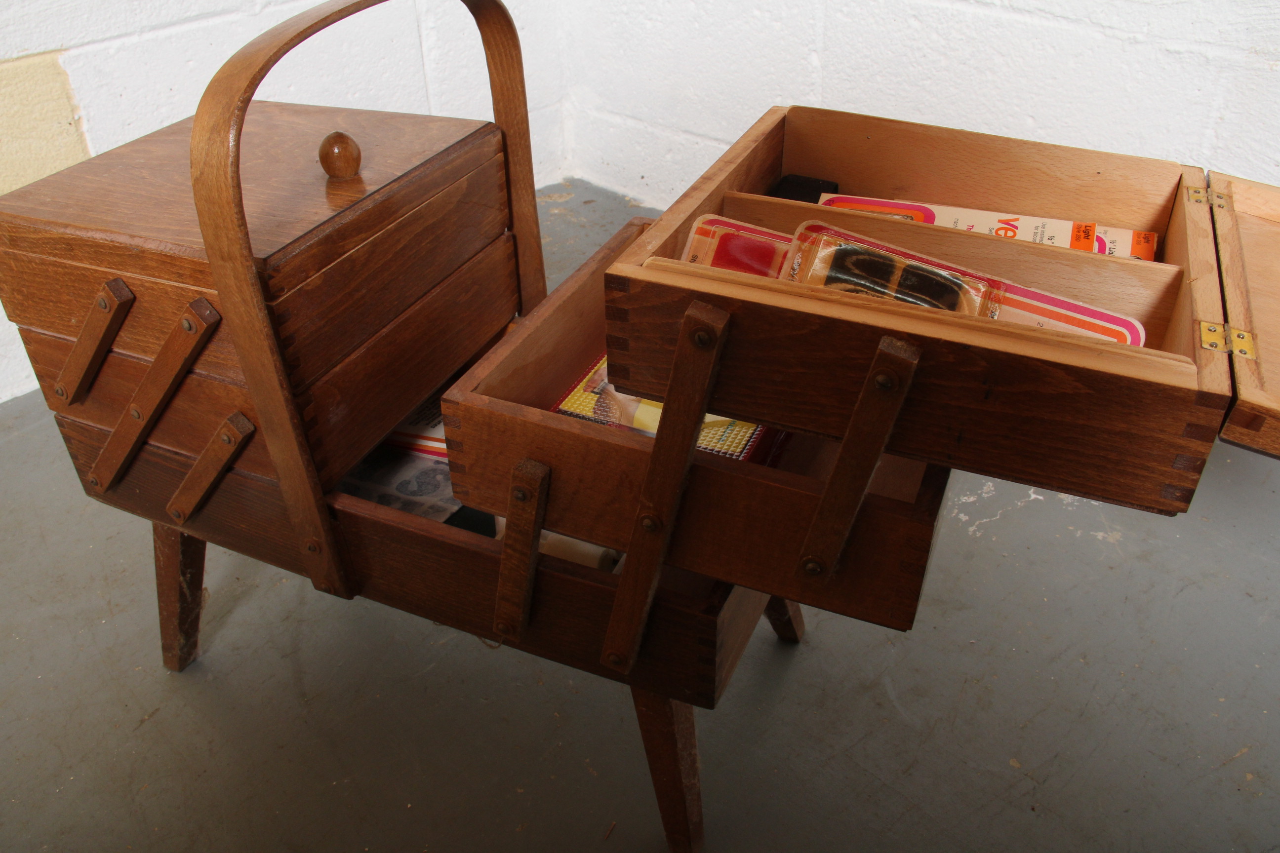 Tiered Wooden Sewing Box and Contents