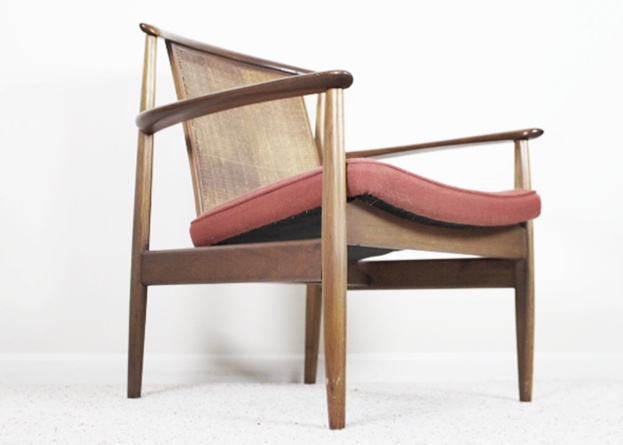 Danish Modern Style Teak Armchair, Upholstered Seat and Cane Back