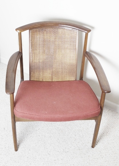 Danish Modern Style Teak Armchair, Upholstered Seat and Cane Back