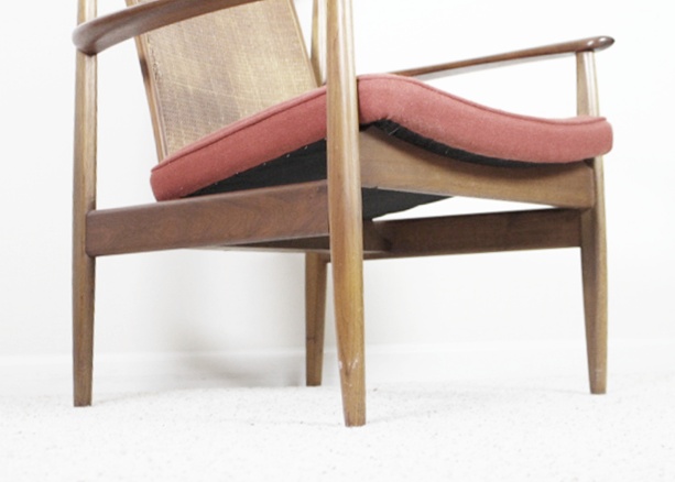 Danish Modern Style Teak Armchair, Upholstered Seat and Cane Back