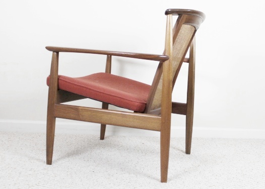 Danish Modern Style Teak Armchair, Upholstered Seat and Cane Back