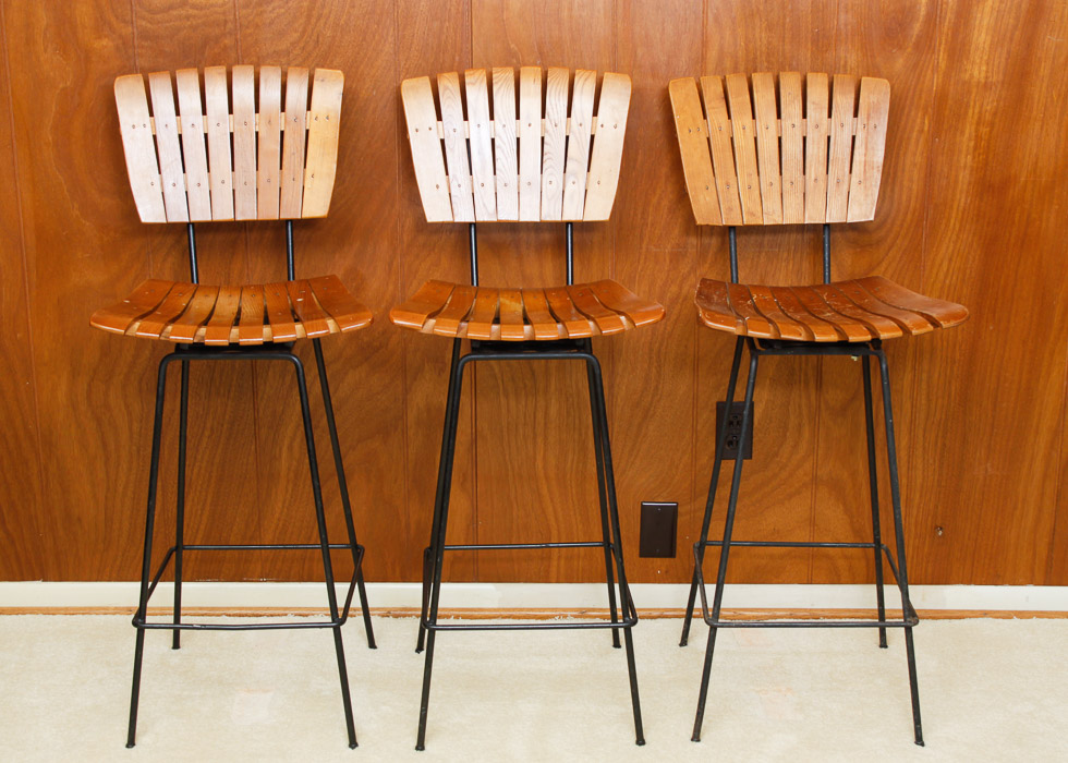 Trio of Oak and Metal Bar Stools