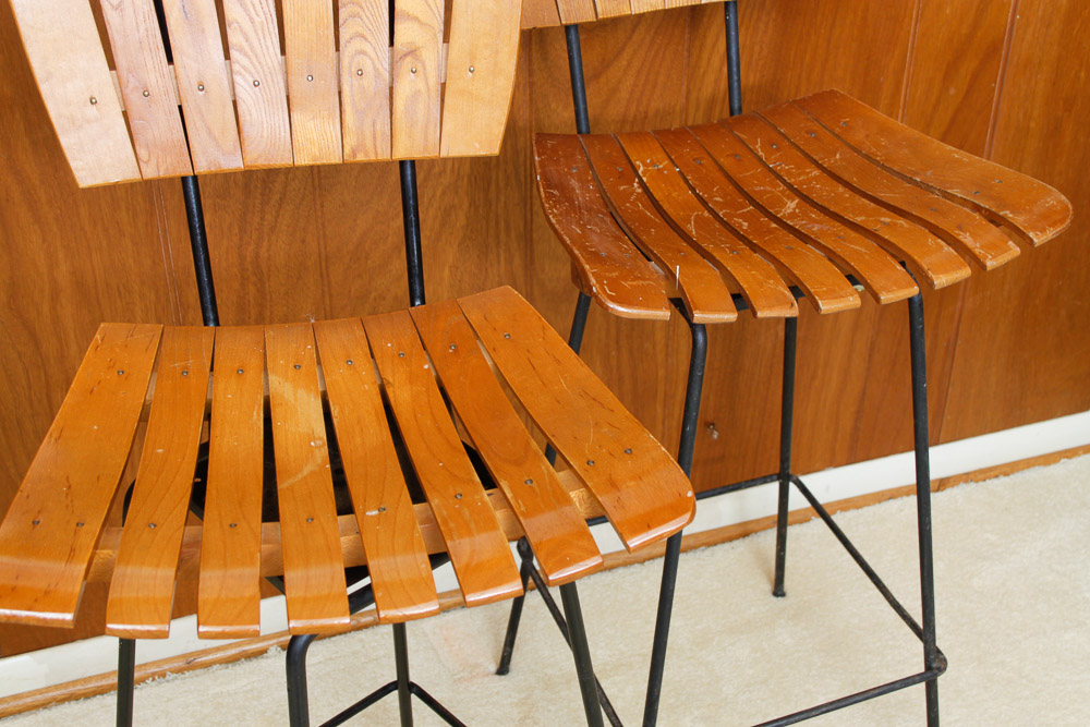 Trio of Oak and Metal Bar Stools