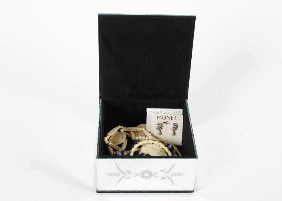 Costume Jewelry and Etched Mirrored Glass Box