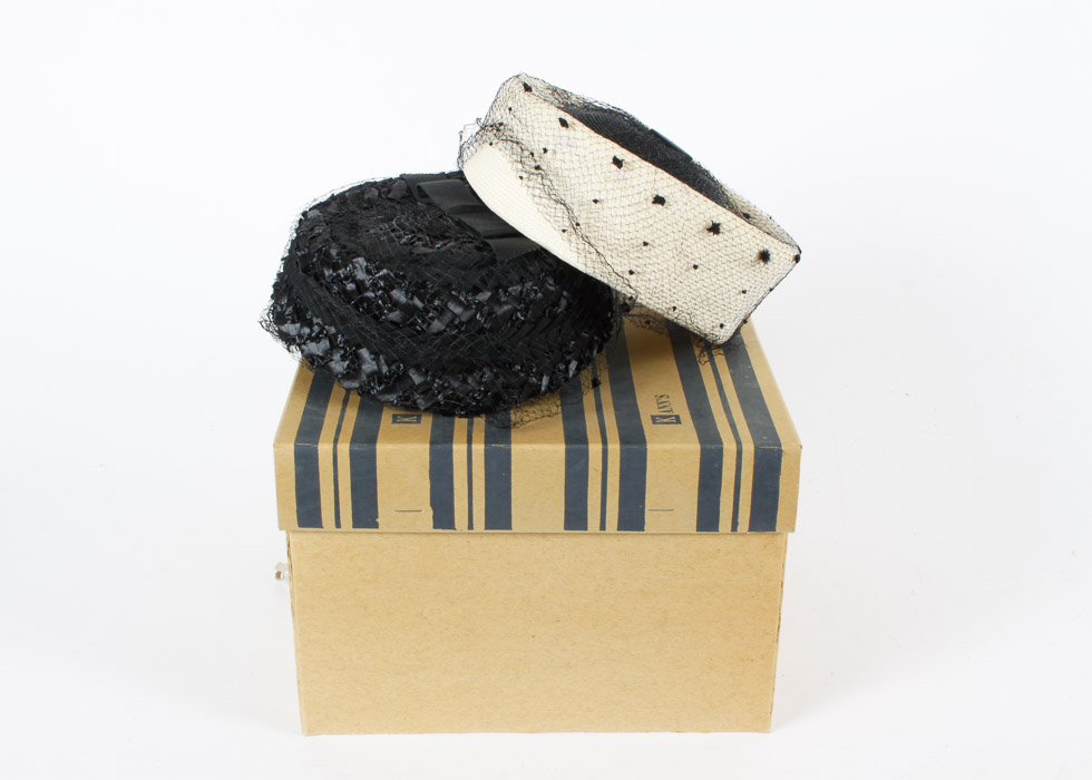Two Vintage Pill Box Hats and Hat Box