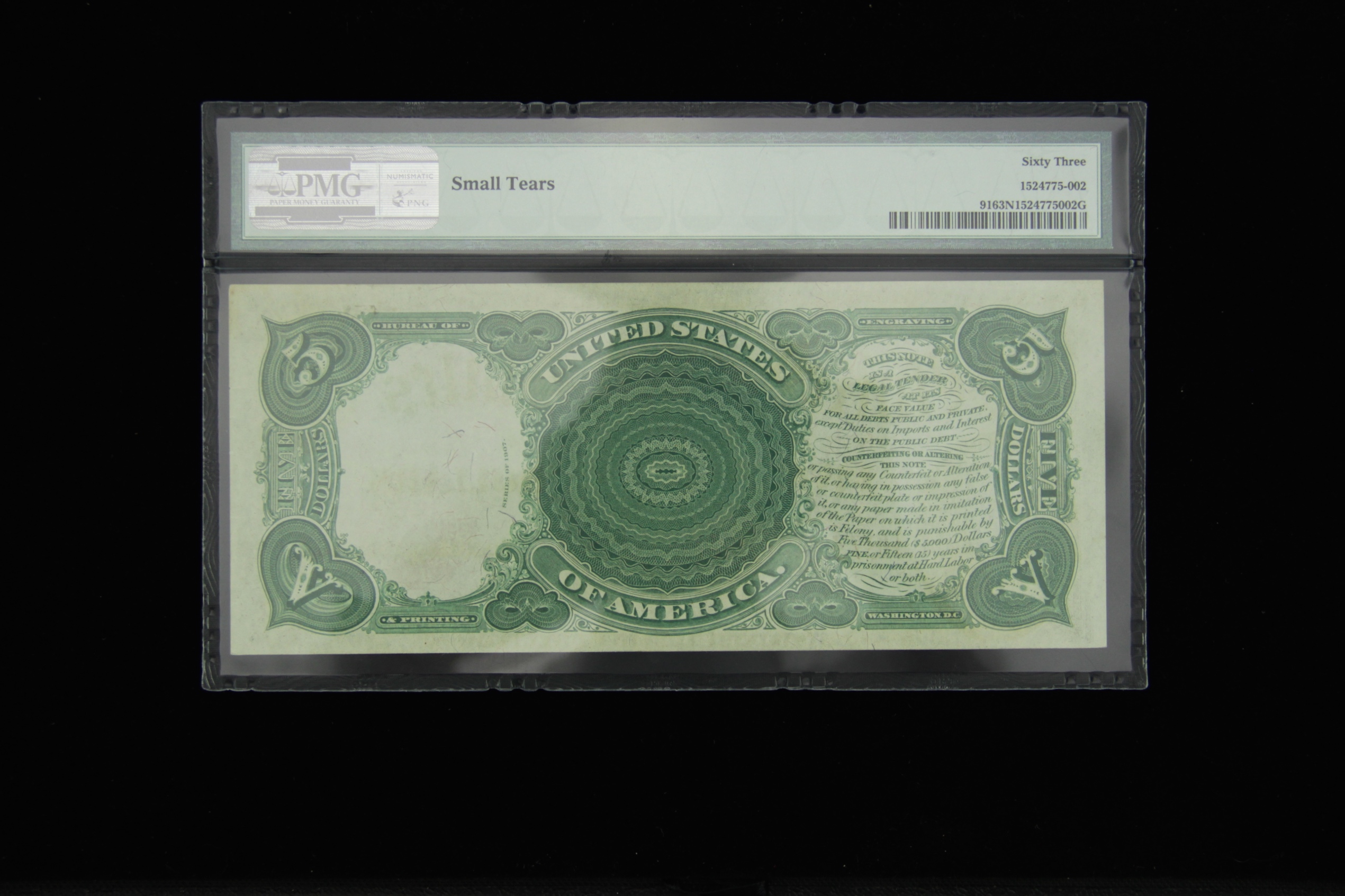 "Series of 1907" US Five Dollar "Woodchopper" Bill