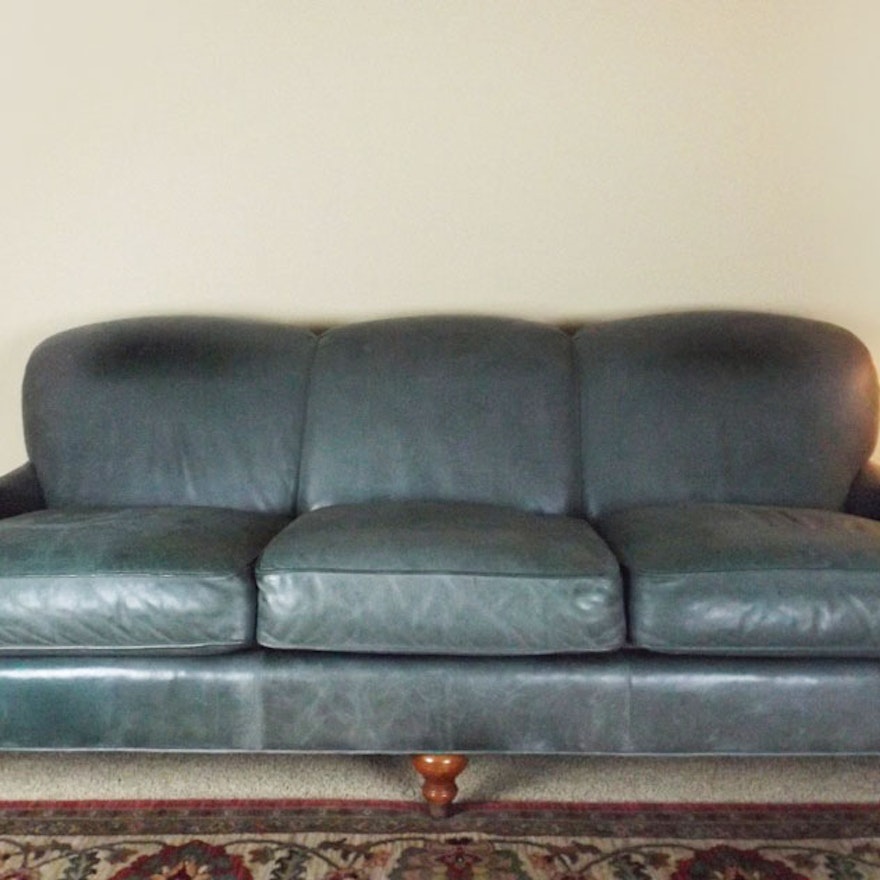 Dark Green Leather Three-Seat Sofa