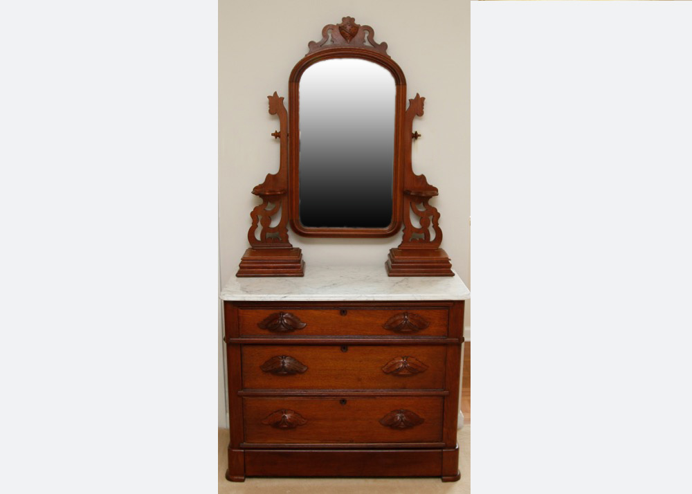 Gothic Revival Walnut Dresser with Mirror and Marble Top