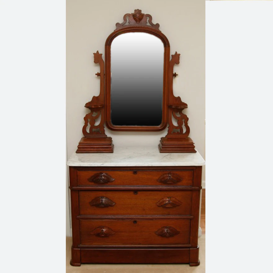 Gothic Revival Walnut Dresser with Mirror and Marble Top | EBTH Gothic Revival Walnut Dresser with Mirror and Marble Top | EBTH