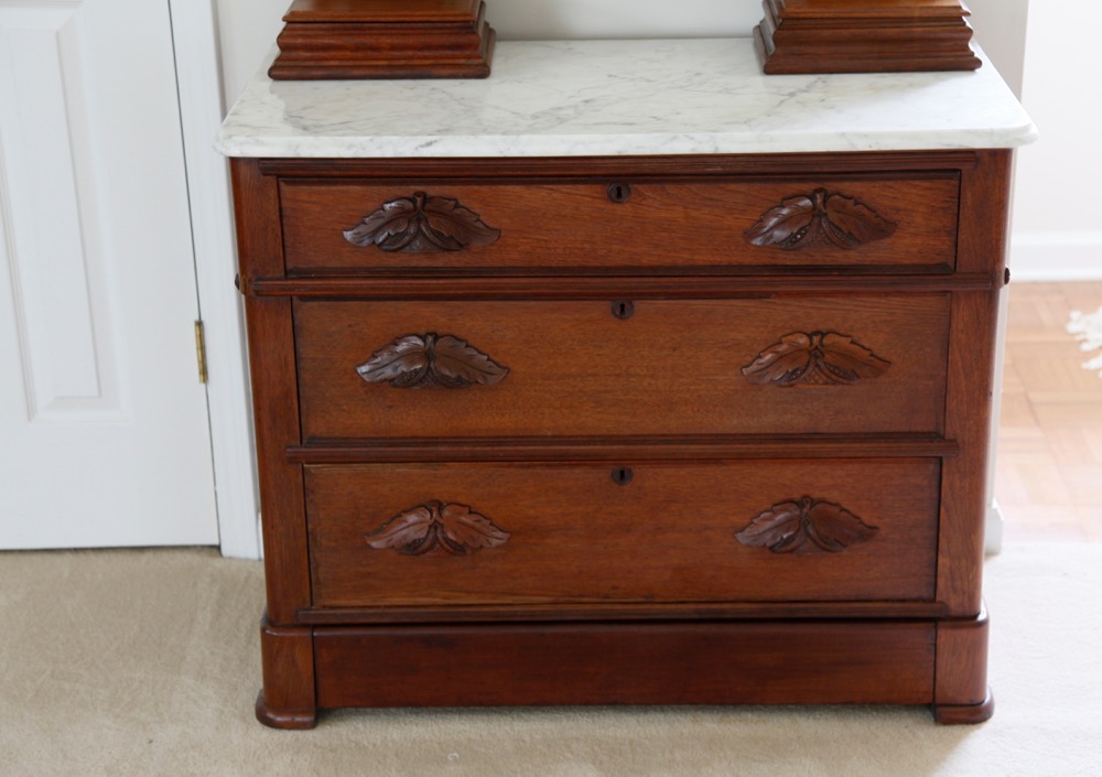 Gothic Revival Walnut Dresser with Mirror and Marble Top