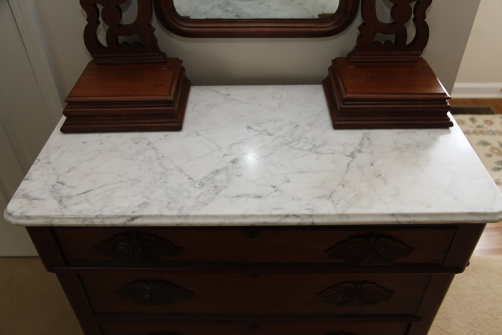 Gothic Revival Walnut Dresser with Mirror and Marble Top