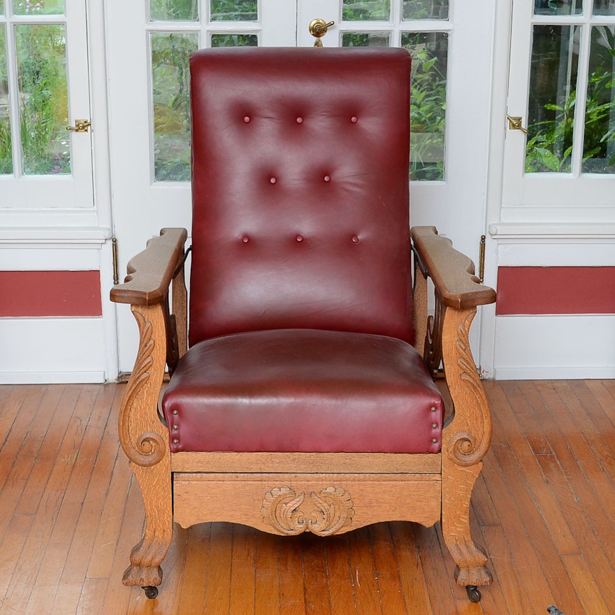 Antique Victorian Oak and Red Leather Morris Chair