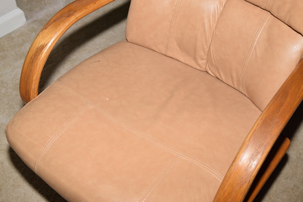 Oak Kitchen Table and Four Leather and Oak Swivel Chairs on Casters