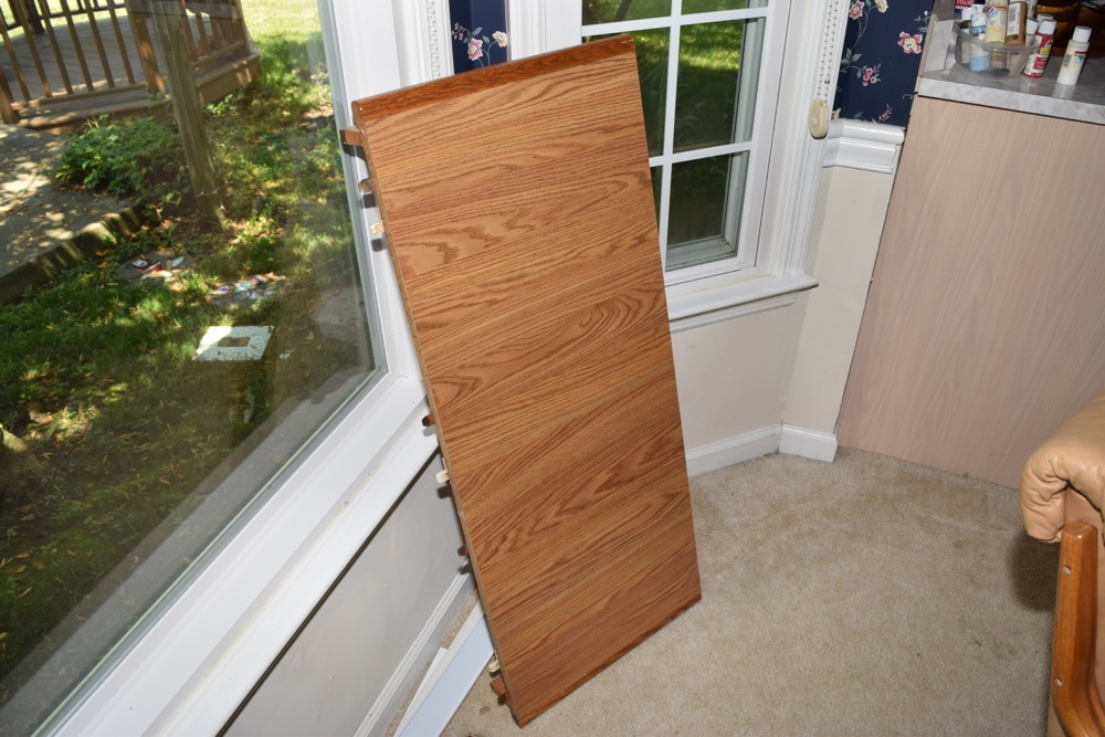 Oak Kitchen Table and Four Leather and Oak Swivel Chairs on Casters