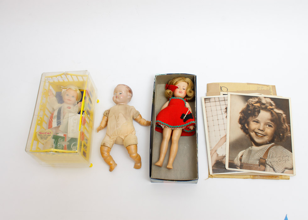 Collection of Dolls Including Shirley Temple Doll and Prints