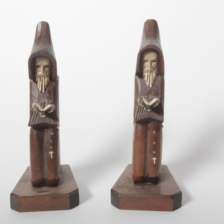 Vintage Wooden Kneeling Monk Bookends