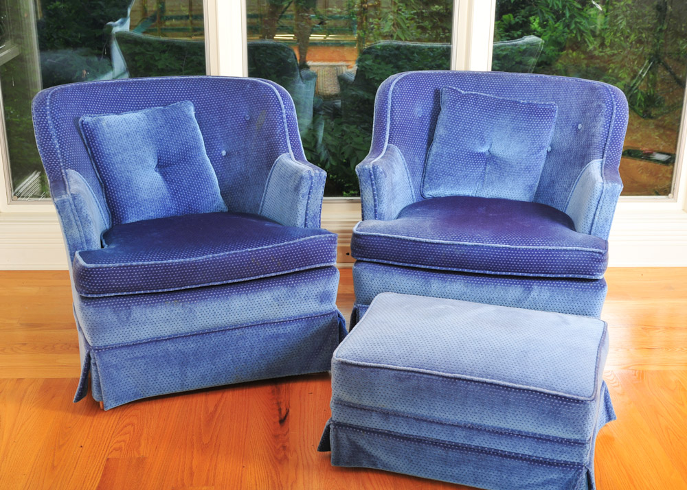 Pair of Blue Chairs and Ottoman