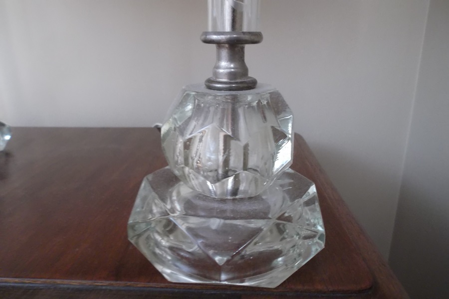 Pair of Cut Glass Lamps with Pleated Shade