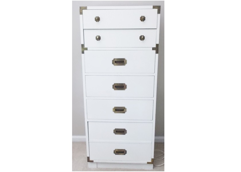 White Laminate and Brass Tower Chest of Drawers