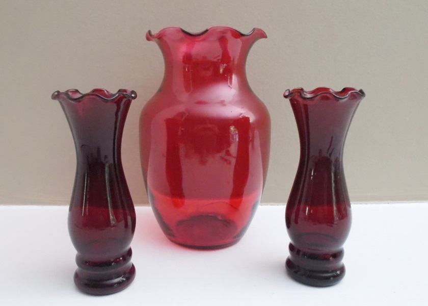 Two Red Anchor Hocking Vases and Other