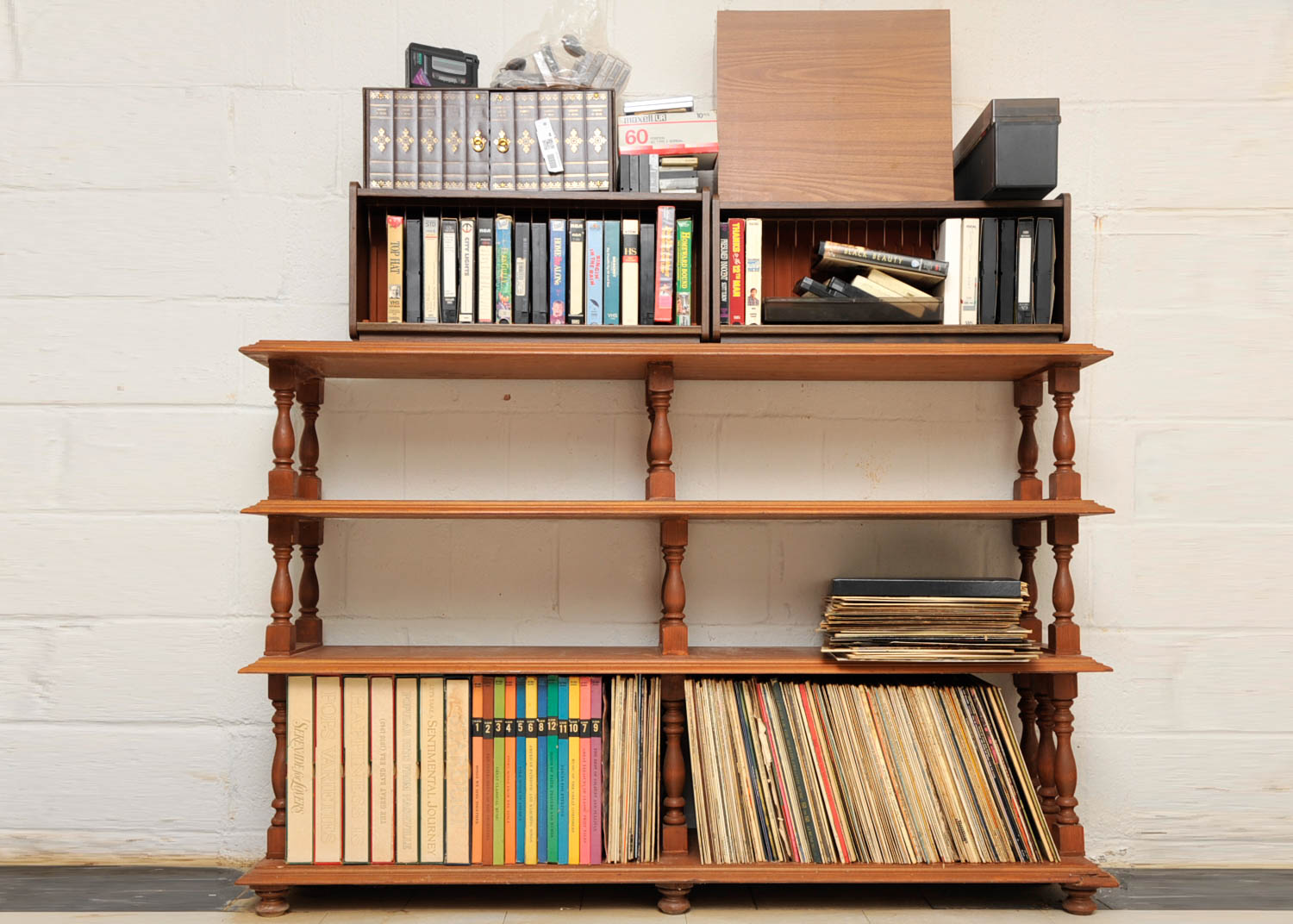 Wooden Record Shelf with Records