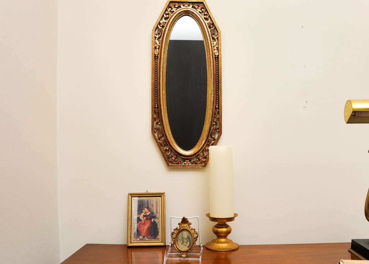 Oval Gilt Mirror and Framed Prints