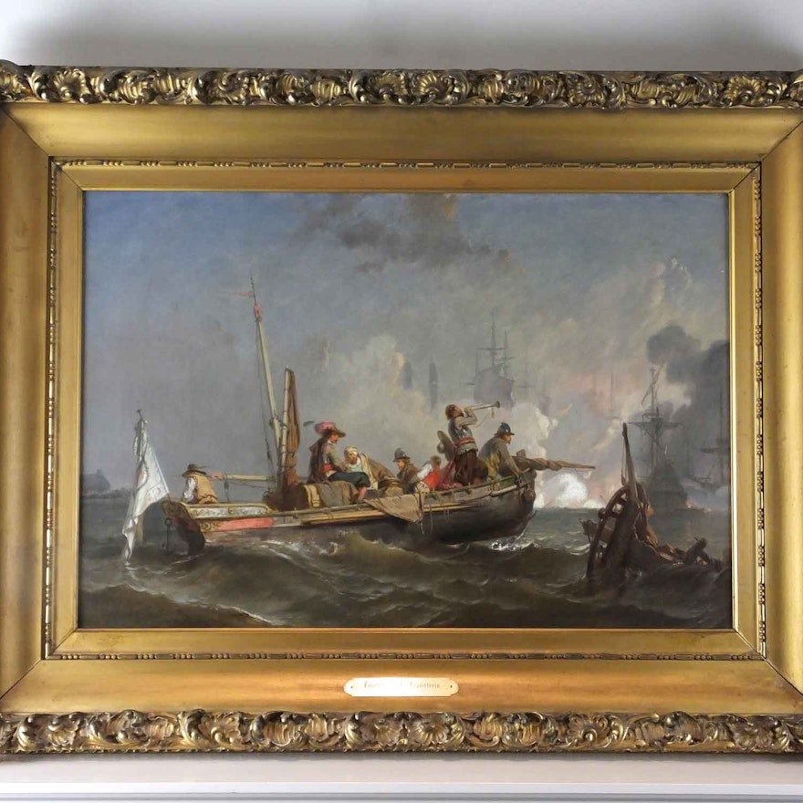 Original Oil Painting, "A Battle at Sea" by Eugene E. LePoittevin