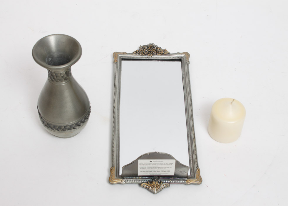 Pewter Vase and Mirror Set