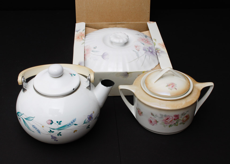 Ceramic Serving Pieces and Enamel Tea Pot