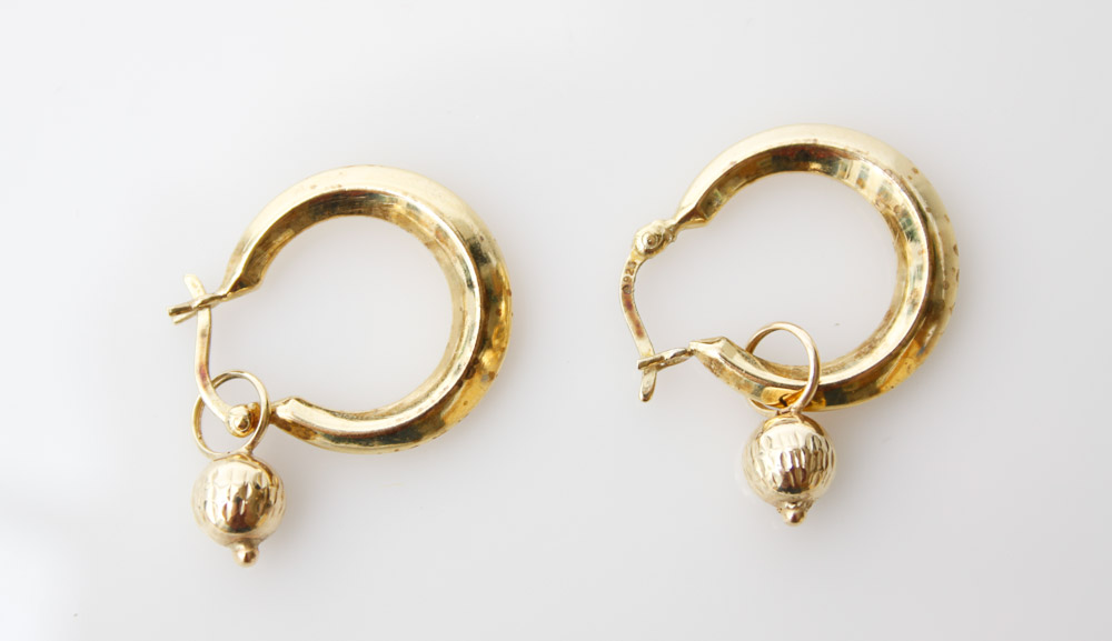 14K Yellow Gold Hoop Earrings with Ball Dangles