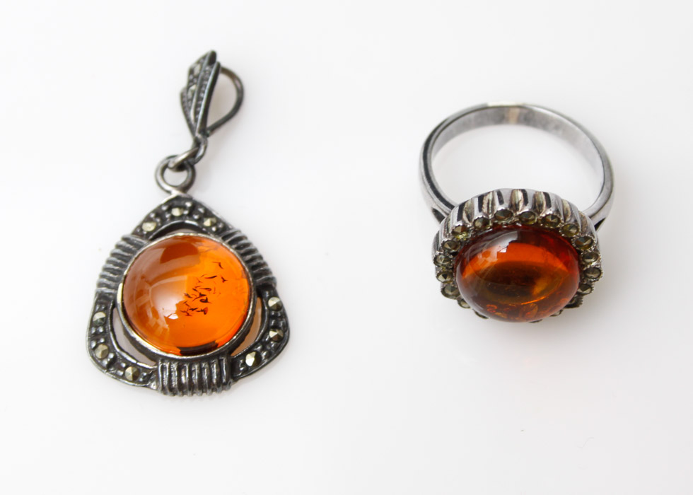 Sterling and Amber Ring and Pendant