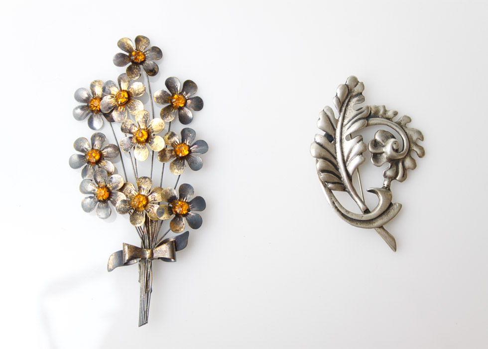 Two Vintage Sterling Floral Brooches