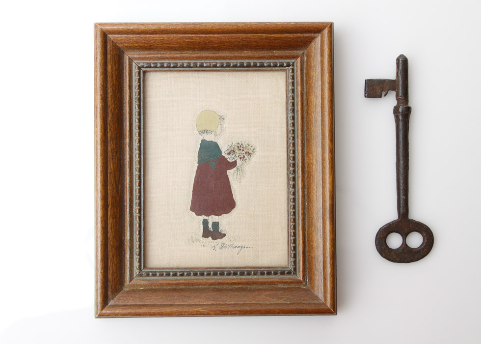 Antique Skeleton Key and Painted Needlepoint