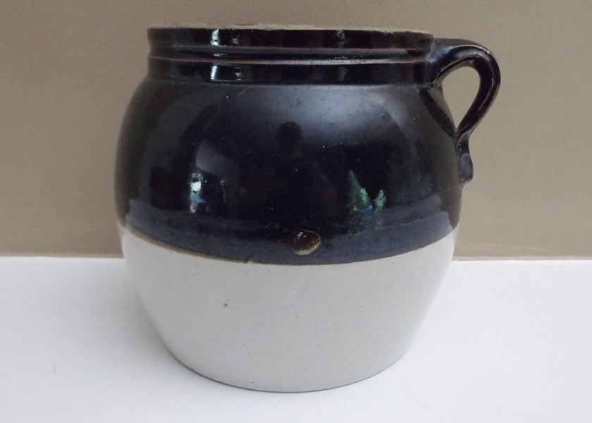 Brown and White Glazed Stoneware Bean Pot