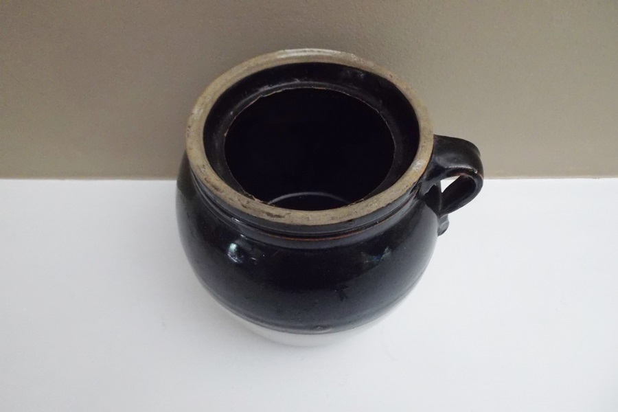 Brown and White Glazed Stoneware Bean Pot