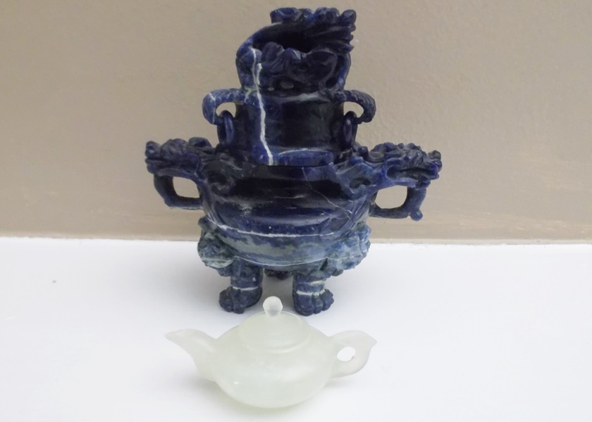Chinese Carved Stone Incense Burner and Miniature Jade Teapot