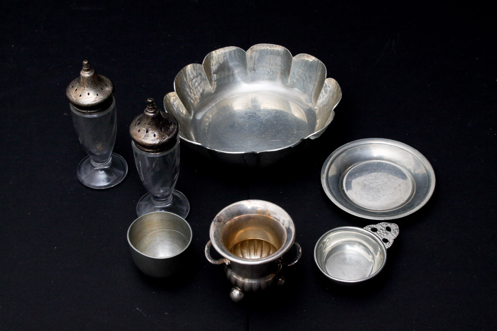 Sterling Capped Shakers and Pewter Serving Dishes