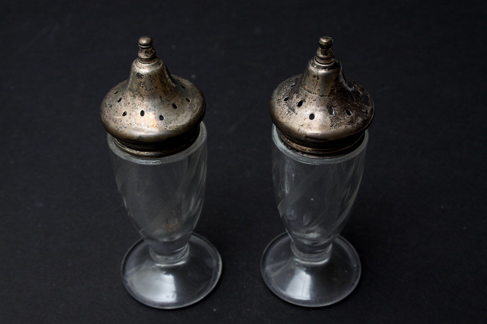 Sterling Capped Shakers and Pewter Serving Dishes