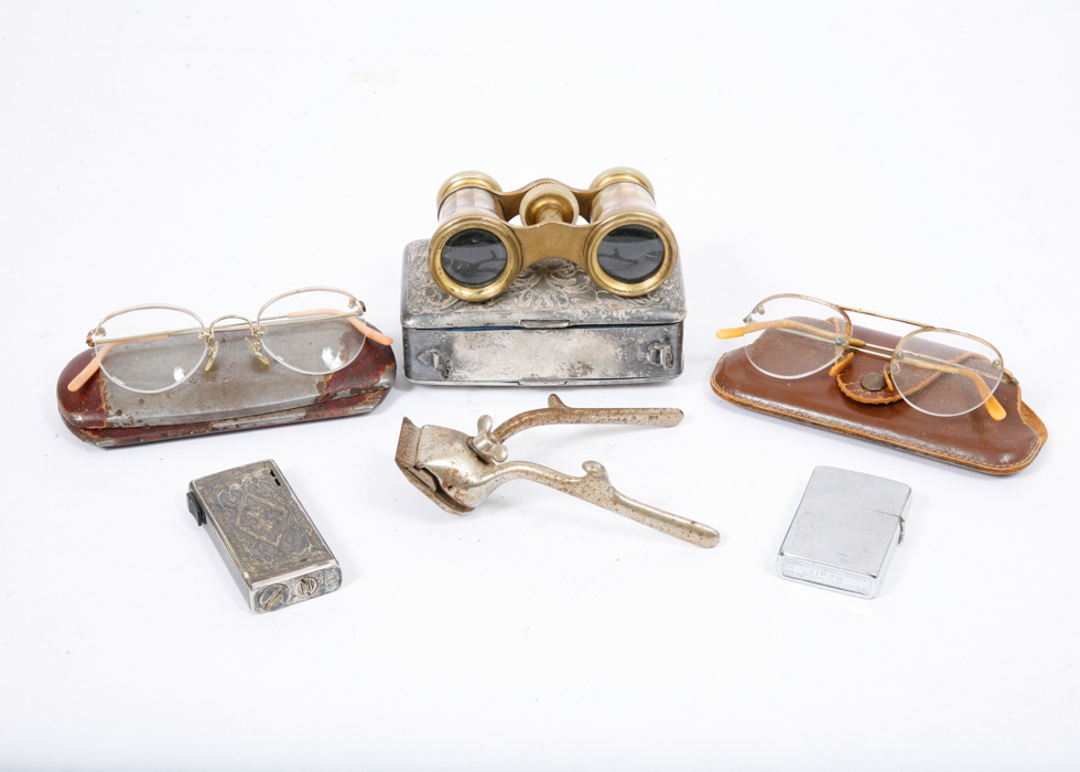 Vintage Glasses, Purse, Hair Trimmer, and Lighters