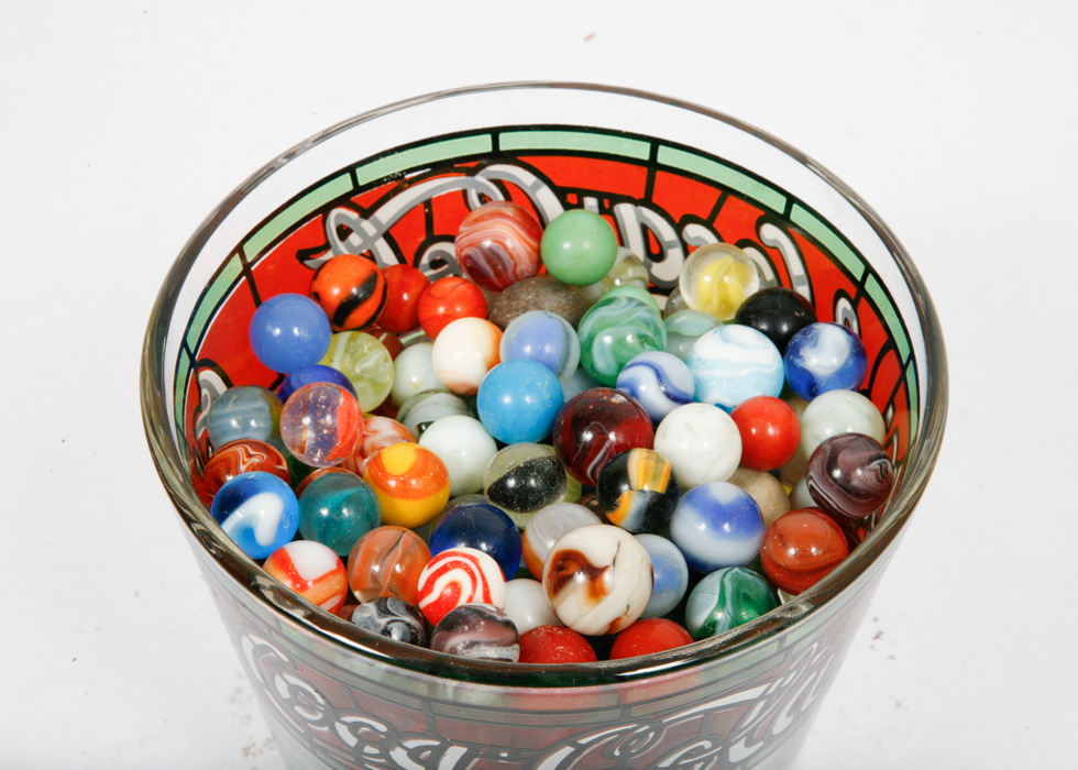 Vintage Marbles in a Coca-Cola Glass Bowl